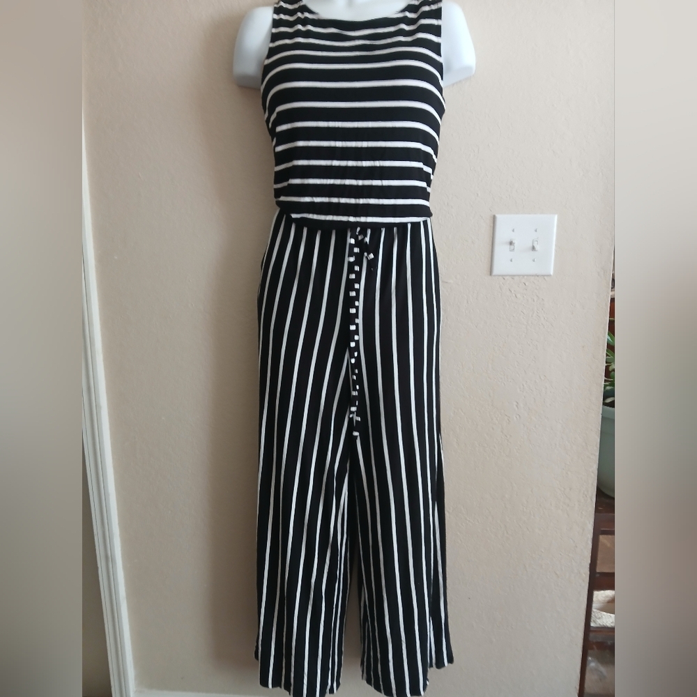 Zenana Outfitters Black and White Striped Jumpsuit